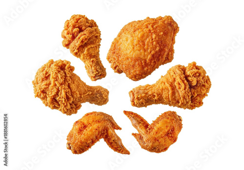 Golden-brown crispy fried chicken drumsticks, thighs, and wings with spicy crust against a transparent background, appearing to float. Concept for fast food advertising