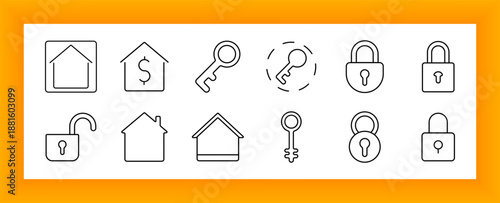 Home security set icon. Key, padlock, real estate, unlocked lock, money house, locked home, protection, safe property, secure access, privacy, finance, residence