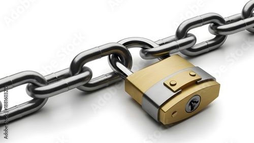 A gold padlock secures a metal chain on a white background