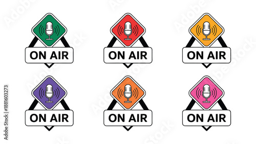 Set of colorful on air signs with microphones in different colors, isolated on white background, vector illustration for broadcasting, podcasting, radio shows, streaming, and professional creative 