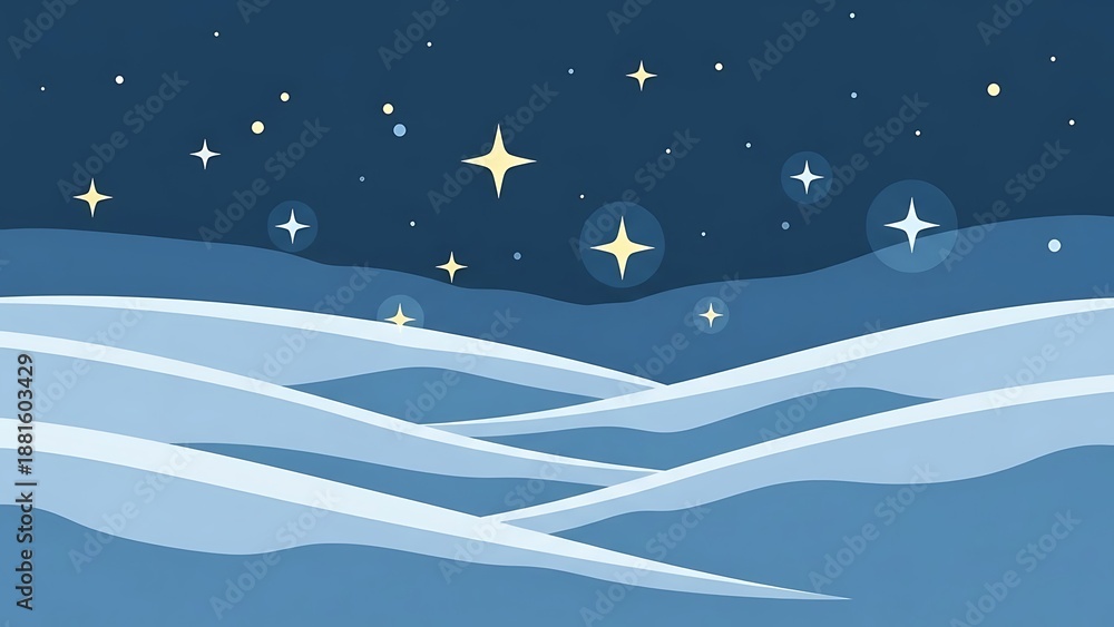 Fototapeta premium Serene night sky with rolling hills and twinkling stars in soft blues and whites