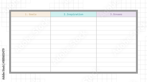 Vision board planner template with goals inspiration dreams columns grid