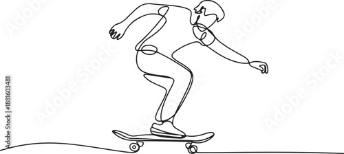 Continuous line drawing of young man playing skateboard.one line vector illustration with out background