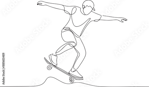 Continuous line drawing of young man playing skateboard.one line vector illustration with out background
