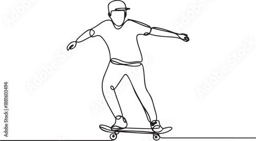 Continuous line drawing of young man playing skateboard.one line vector illustration with out background