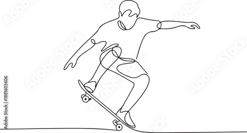 Continuous line drawing of young man playing skateboard.one line vector illustration with out background
