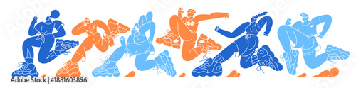 Colourful shadows of runners' group in sports competition. Silhouettes of running joggers. Athletes are jogging in marathon, rushing to finish. Flat isolated vector illustration on white background