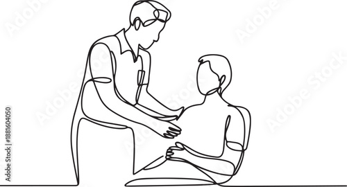 Single continuous line drawing healthcare a male nurse is visiting patient at home.one line vector illustration with out background