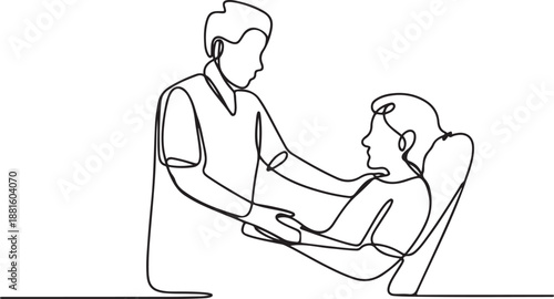 Single continuous line drawing healthcare a male nurse is visiting patient at home.one line vector illustration with out background