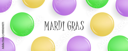 Mardi Gras festive banner. Mardi Gras glossy beads. Party background for Fat Tuesday creative graphic design. Vector illustration. 