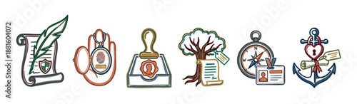 Set of hand-drawn illustrative icons symbolizing concepts of personal identity, legacy, genealogy, and security, featuring a quill, fingerprint, stamp, family tree, compass, and anchor