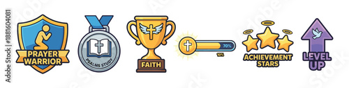 Collection of religious video game achievement badges featuring a prayer shield, bible medal, faith trophy, cross progress bar, halo stars, and a level up arrow with a dove