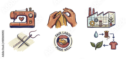 Collection of hand-drawn icons illustrating ethical fashion production with a sewing machine, factory, and fair labor symbol in a warm, sketchy style for conscious consumerism concepts