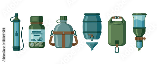 Collection of water purification and storage equipment for outdoor survival, featuring a filter, tablets, canteen, barrel, collapsible bag, and gravity system in a flat vector style