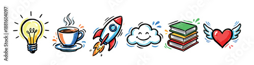 Colorful hand-drawn doodle icon set featuring a lightbulb, coffee cup, rocket, cloud, books, and heart with wings, representing creativity, startup, and knowledge concepts