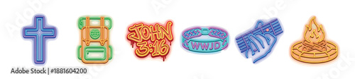 Colorful Christian faith symbol illustrations set featuring a cross, backpack, bible verse, bracelet, guitar, and campfire in a modern, glowing neon design