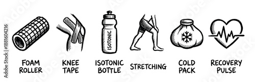 Set of hand-drawn sports recovery icons showing a foam roller, knee tape, isotonic drink, stretching, cold pack, and recovery pulse symbol in a simple sketch style