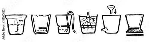 Set of six hand-drawn black ink icons showing various plant pots and watering systems for gardening, hydroponics, and horticulture in a minimalist graphic sketch style