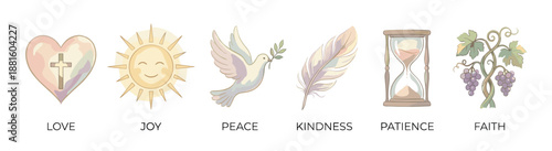 Set of Christian spiritual symbols representing love, joy, peace, kindness, patience, and faith in a gentle hand-drawn watercolor illustration style with pastel colors