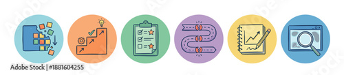 Set of six colorful hand-drawn icons illustrating business concepts like project management, strategy, obstacles, growth, planning, and data analysis in a simple doodle style