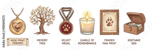Collection of illustrated pet memorial items including a nose print pendant, memory tree, paw print medal, remembrance candle, framed print, and a wooden keepsake box