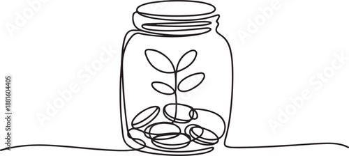 Business illustration of a coin jar with a growing plant inside, one continuous line.one line vector illustration with out background