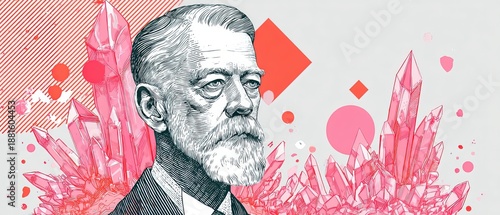 Senior man with beard and crystals, abstract concept of wisdom, growth, and discovery