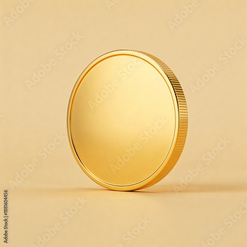 Gold coin on plain background, reflecting light in a soft glow  