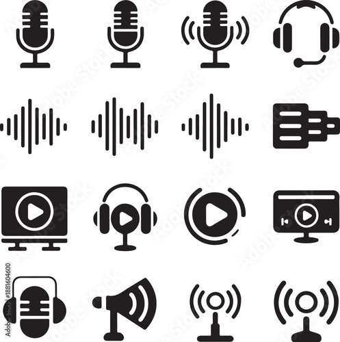 Black and white icons for audio video recording and playback