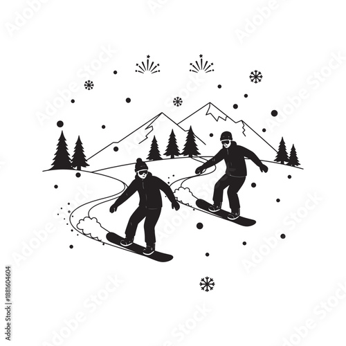 People Skiing in Snowy Mountain Illustration