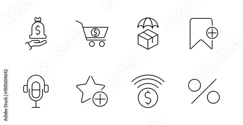 E-commerce bonus set icon. Money bag, cart, delivery, bookmark, podcast, star, wireless coin, percent, rewards, shopping, finance, digital promotion.