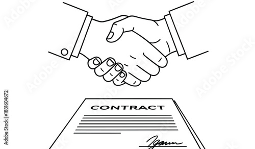 Business partnership handshake over a contract agreement with signature on white background