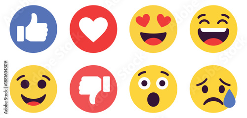Set of social media reaction emoji icons, including like, love, dislike, laugh, cry, sad, wow, heart eyes, vector illustrations for digital messaging, chat applications, and high ranking design 