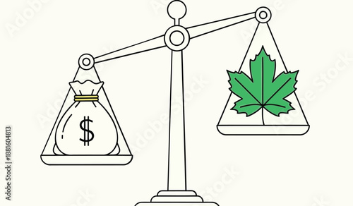 Money bag with dollar sign balanced against cannabis leaf on scale symbolizing value comparison