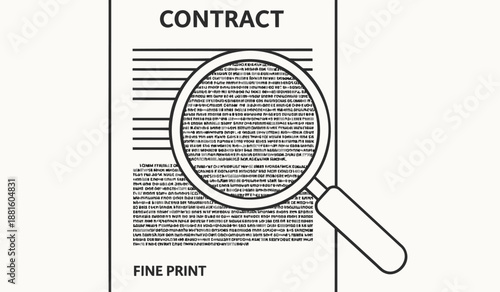 Magnifying glass examines contract fine print closely symbolizing scrutiny and detailed review