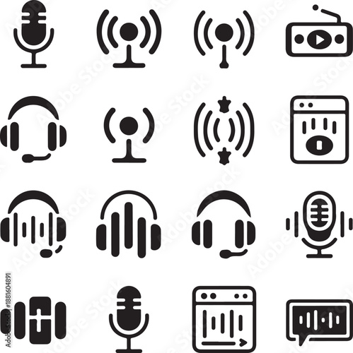 Black and white icons of audio equipment and broadcasting symbols