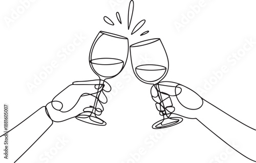 Hand drawn hands hold wine clinking glasses.one line vector illustration with out background