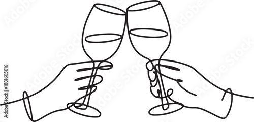 Hand drawn hands hold wine clinking glasses.one line vector illustration with out background