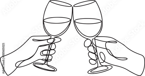 Hand drawn hands hold wine clinking glasses.one line vector illustration with out background
