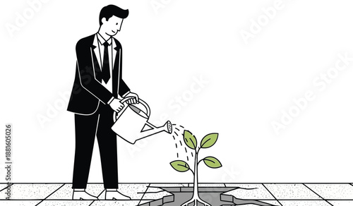 Businessman in suit watering a small plant growing out of cracked pavement with a watering can