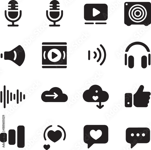 Black and white icons for audio video media and communication