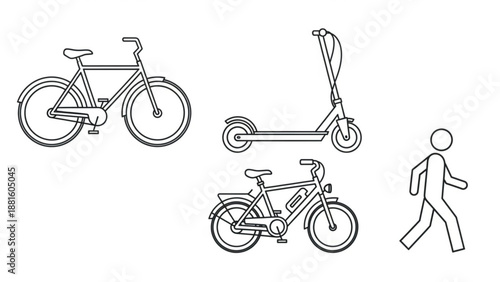 Vector illustration of bicycles and scooter with a person walking nearby