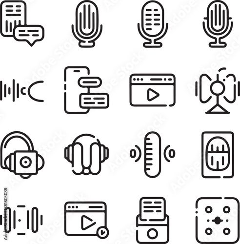 Audio and video communication icons set including microphones and headphones