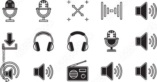 Black and white icons of various audio and sound equipment
