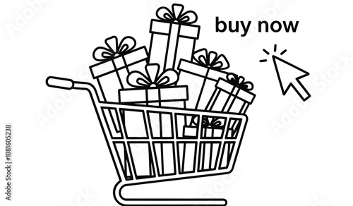 Shopping cart filled with gift boxes and presents online buying concept