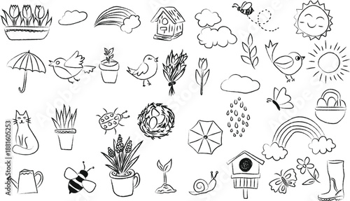 Hand drawn doodle set of different nature icons. Vector illustration collection, different types of summer or spring exotic leaves and flowers, bee, butterfly, plants, sun, vector illustration