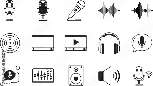 Black and white line icons for audio and video production and communication