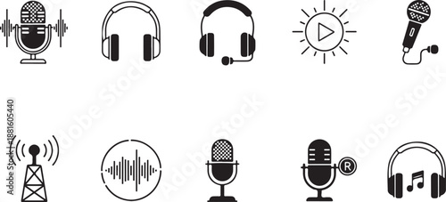 Black and white audio music podcast radio icons set