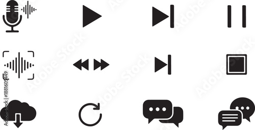 Black and white media player interface icons on white background