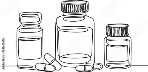 Various medicine bottles and capsules in one line art style.one line vector illustration with out background